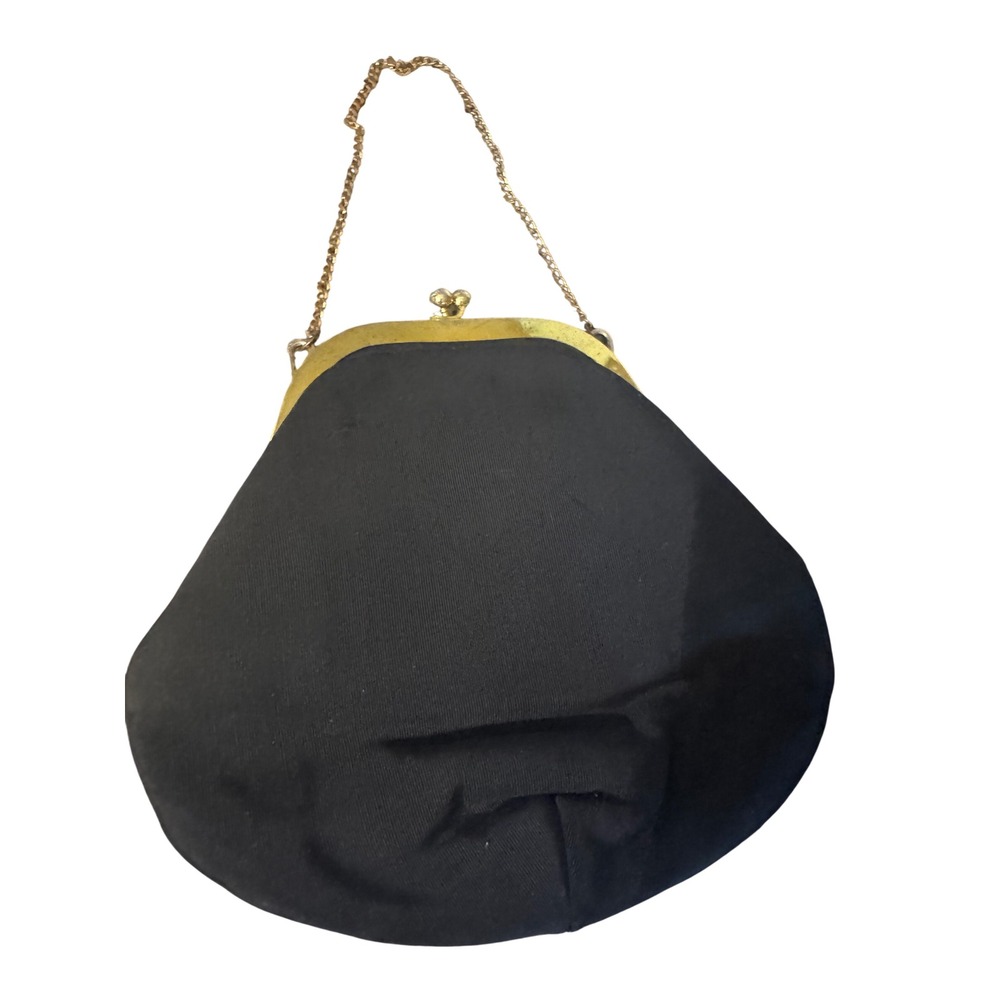 Vintage JR USA Black Fabric Evening Bag Gold Tone Kiss Lock Chain Strap Clutch